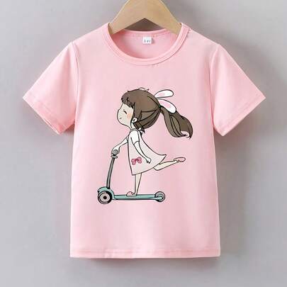 Camiseta Fofa de Menina Pilotando Scooter - Blusa de Verão de Manga Curta com Estampa de Menina de Scooter e Coração
