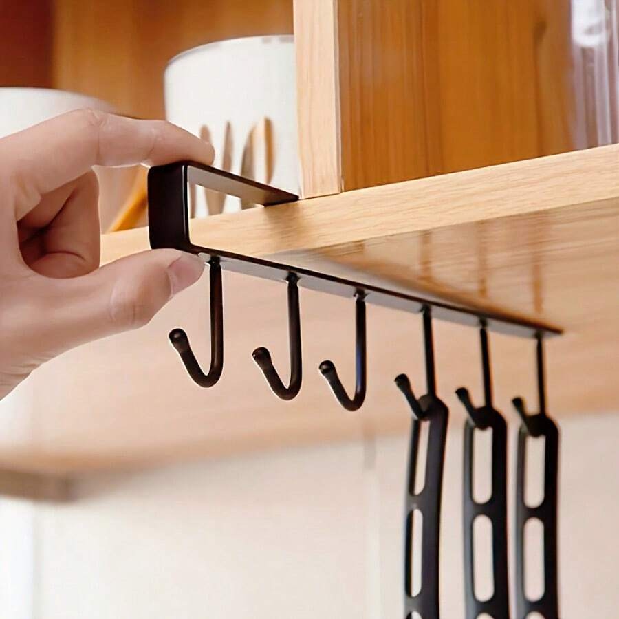 1pc Seamless No-Drill Wardrobe Storage Rack, Multi-Function Hanging Organizer Shelf With 6 Hooks
