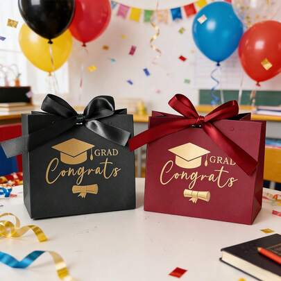 6个毕业季金色箔纸博士帽蝴蝶结丝带礼品袋，红/黑色手提袋，适用于返校、毕业典礼、学术庆典、学习祝贺、主题派对、聚会、周年纪念、节日活动
