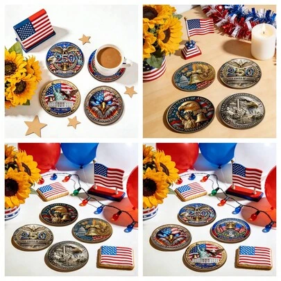 4pcs 2D Printed Patriotic Eagle & American Flag Art Design Round PET Coasters, Suitable For Patio, Kitchen, Living Room, Family Gathering Dining Table Decor, Gift For Friends & Family On Holidays Like 4th Of July, Valentine's Day, Wedding, Mother's Day, Birthday Party, Home Decor Accessories, Best Gift