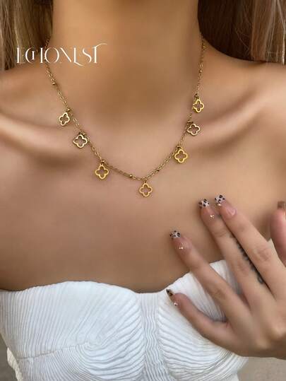 1pc Stainless Steel Gold-Tone Four-Leaf Clover Y-Necklace, Decorative Accessory For Parties And Events