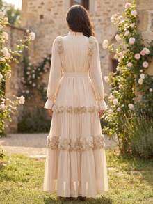 Women's Solid Color Stand Collar Dress With 3D Floral Decor (Floral Density Varies), Comes With Rhinestone Belt, Elegant Long Sleeve Maxi Dress, Suitable For Various Occasions Like Parties And Banquets Spring Wedding Party - Apricot - View 2
