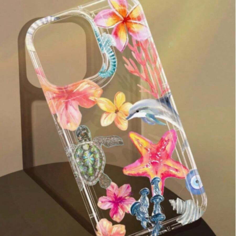 1个海洋元素海星贝壳海龟百合花印花透明简约手机壳，适用于 17 Pro Max/16 Pro Max/16 Plus/15/14/Pro Max/13 Pro Max/12 Pro Max/11，时尚保护套 - 彩色 - 查看 1