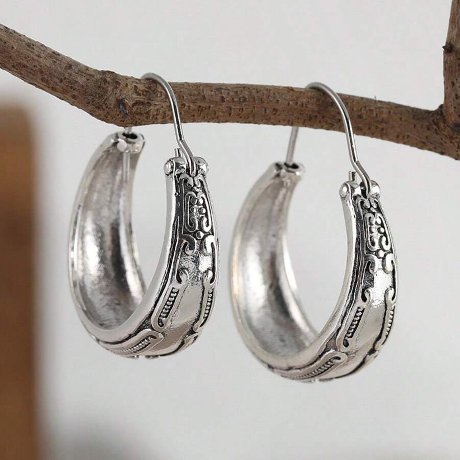 1 Pair Fashionable Vintage Silver Textured Creative Earrings, Suitable For Daily Wear And Vacation, A Perfect Gift For Her - Silver - View 1