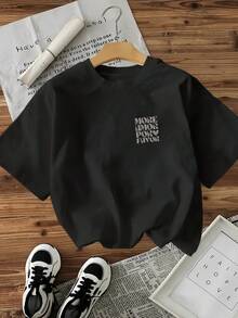 New For Spring/Summer, This Women's Pure Cotton Casual Round-Neck Top Features A Cute, Love-Themed Letter Print. - Black 2 - View 2