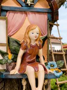Escultura de árbol de ventana de hadas de resina con escalera y campanas, estatua de jardín al aire libre de hadas y elfos, tronco de árbol, patio y balcón, accesorios de jardín de hadas en miniatura pintados a mano, decoración rústica para el césped, decoración mágica para el hogar para el patio trasero y el porche, regalo perfecto para entusiastas de la jardinería y la fantasía - A - Ver 4