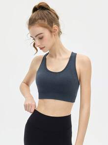 Leorrey 1pc Women's Fashion Round Neck Backless Cropped Ribbed Elastic Hem Cute & Sexy Soft Comfortable Sports Bra - Grey - View 4