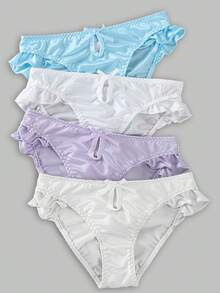 4PCS Cute Ruffle Trim Bow Detail Briefs, Low Waist Silky Satin Bikini Briefs For Daily Wear - Multicolor - View 5
