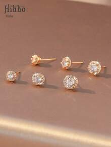 Hihho Bộ 6 chiếc bông tai đính đá Cubic Zirconia hình vuông lãng mạn, bông tai tròn cổ điển phù hợp cho nữ giới làm quà tặng trang sức cho đám cưới, lễ đính hôn, kỷ niệm, tiệc tùng. - Vàng - Xem 3