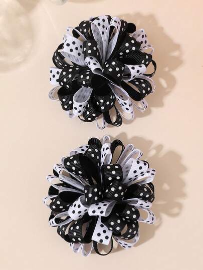 2个黑白毛绒球发夹，女士黑白丝带毛绒球鳄鱼夹波点刺绣球发夹，婚礼节日礼物女士发饰