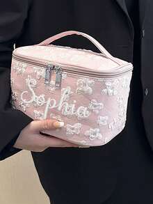 Customized Embroidery Name Floral Pattern Makeup Bag With Handle, Large Capacity Travel Organizer Storage Bag, Durable Cosmetics Toiletries Carrier - Multicolor - View 7