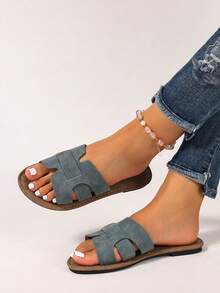 Ximi Ruo 2026 New French Retro Matte Gray-Green H-Shaped Slip-On Flat Sandals, Open Toe, Casual Comfortable Slippers For Summer, Versatile Wear,Beach Shoes - Lime Green - View 4