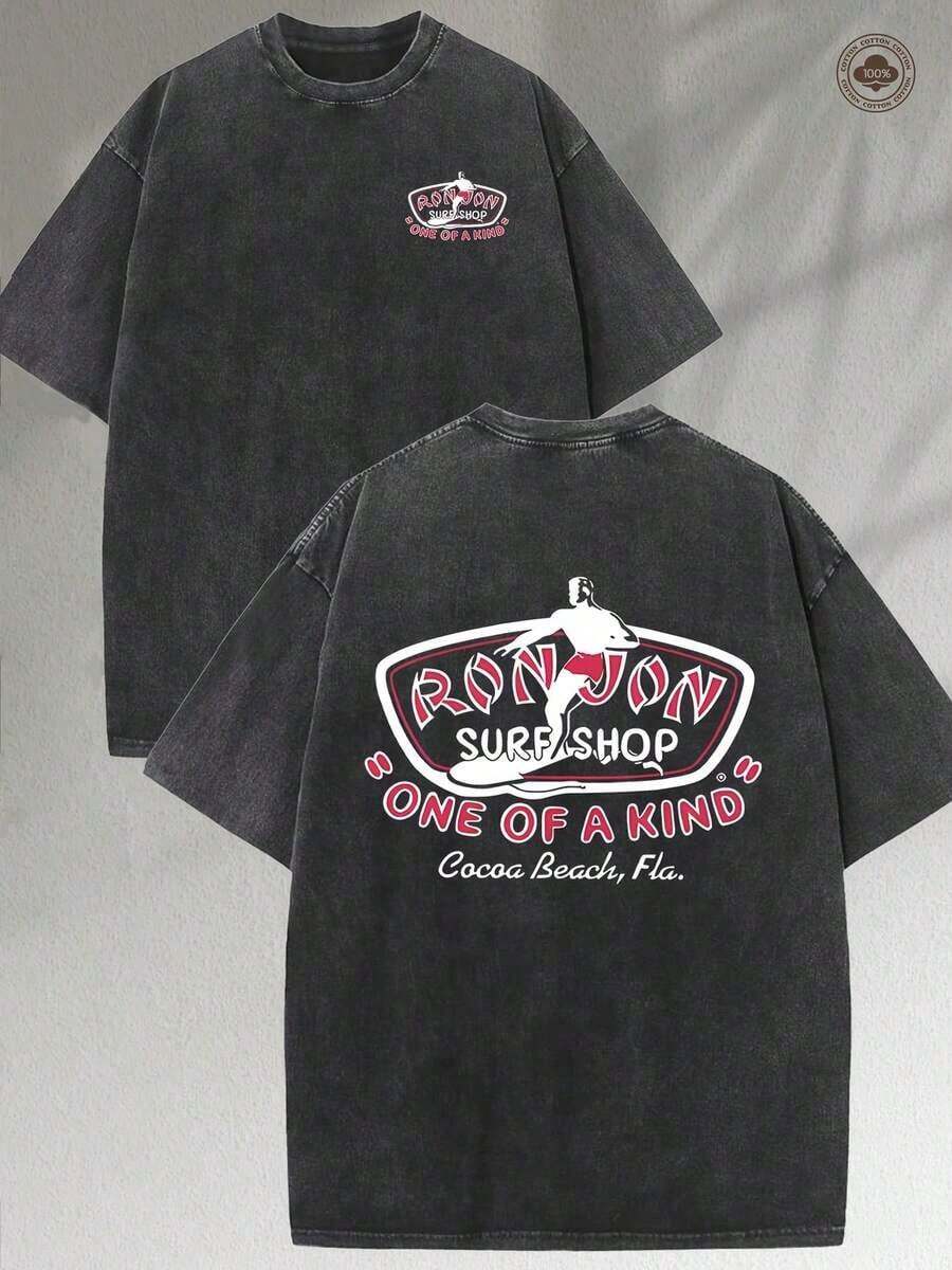 Surf Shop One Of A Kind Surfer Graphic Black Short Sleeve Tee,Fashion Street Pattern Short-Sleeve Pure Cotton Double-Sided Washed T-ShirtFashionable Women's Clothing - 黑色 - 查看 1