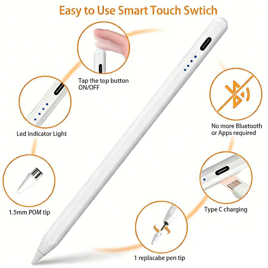 Bolígrafo táctil recargable blanco, bolígrafo universal compatible con HarmonyOS, iOS, dispositivos Android, incluye 2 puntas de bolígrafo y cable de carga - Blanco - Ver 1