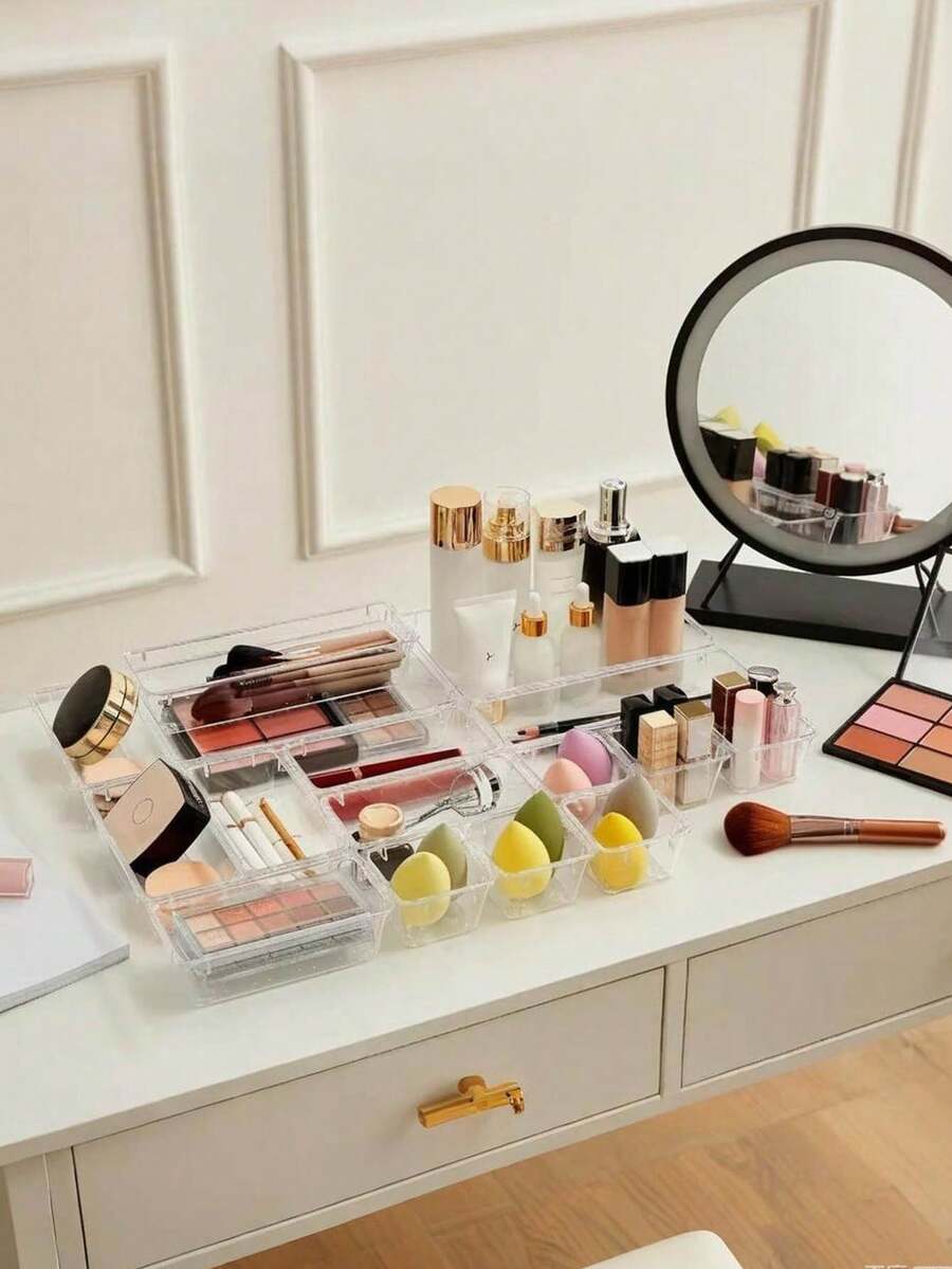 Drawer Desktop Cosmetic Storage Box, Combination Transparent Plastic Drawer Storage Box, Transparent Vanity Cabinet Storage Box, Exquisite Storage Box, Desk Drawer Partition Storage Box, Suitable For Makeup, Jewelry, Kitchen, Bedroom, Bathroom, Office Trinkets, Christmas Holiday Gift