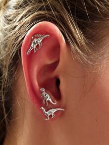 6pcs Fashionable Cute Little Dinosaur Stud Earrings Set, Suitable For Women's Commute And Casual Daily Wear, Classic Versatile Earrings - Silver - View 3