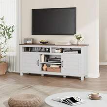 TV de granja rústica de hasta 70 pulgadas, consola de medios con estantes y puertas de gabinete personalizables de altura a altura, centro de entretenimiento para sala de estar o dormitorio - Marrón y blanco - Ver 4