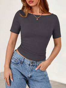 Fall New Arrival Women's Long-Sleeve Top Crop-Top Style Casual Outerwear Boat Neck With Bell Sleeves Ribbed Pleated Design Millennial-Inspired Fashion - 深灰色 - 查看 5