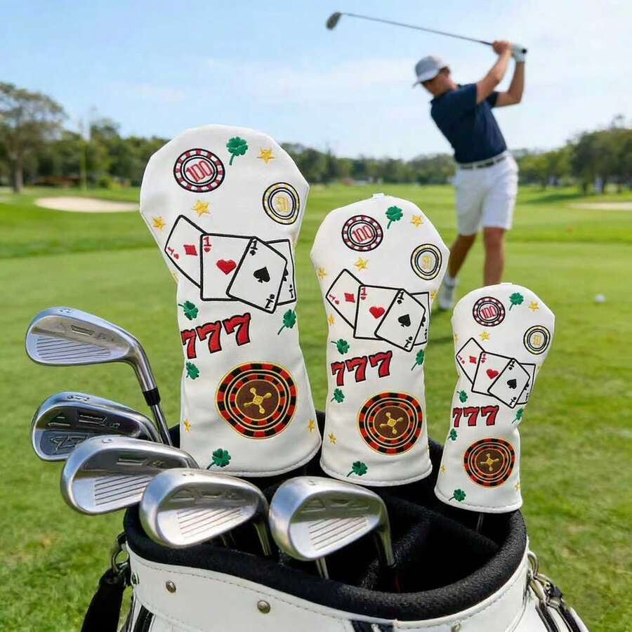 Funda para cabeza de palo de golf, bordada con número de la suerte y elementos de póker, resistente al agua y a los arañazos, duradera, tamaños para eje de madera - Blanco - Ver 1