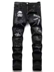 Y2K Ripped Jeans Men'S Slim-Fit Stretch Denim Jeans With Embroidered Distressed Details - Mid-Rise, Streetwear Style, All-Season Comfort, Casual Streetwear Jeans|Distressed Embroidery|Slim Fit Jeans Pantalones Para Hombre - 黑色 - 查看 10