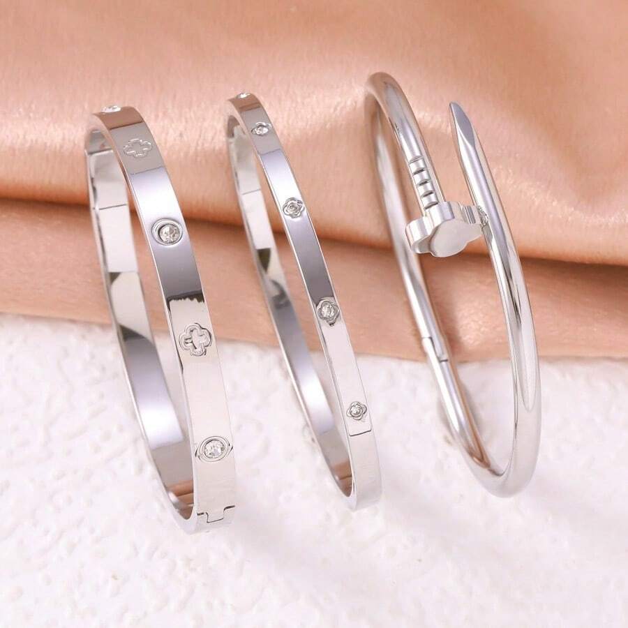 3件套不锈钢银色四叶草尖头手链，优雅奢华的Cubnia珠宝套装，适合女性、女孩、朋友和家人作为婚礼、生日、情人节、母亲节礼物。 - 銀色 - 查看 1