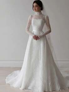 Vintage High Neck Lace Wedding Dress With Long Sleeves & Train For Women, Modest Sheer Tulle Bridal Gown With Satin Waist Belt, Ideal For Church Wedding, Winter Wedding, Formal Ceremonies, Intricate Lace Patterns, Sparkling Tulle Fabric, High Neckline For Modesty, Timeless Classic Bridal Style, Comfortable Fit For All-Day Wear, Perfect For Brides Seeking Modest Elegance - 白色 - 查看 1