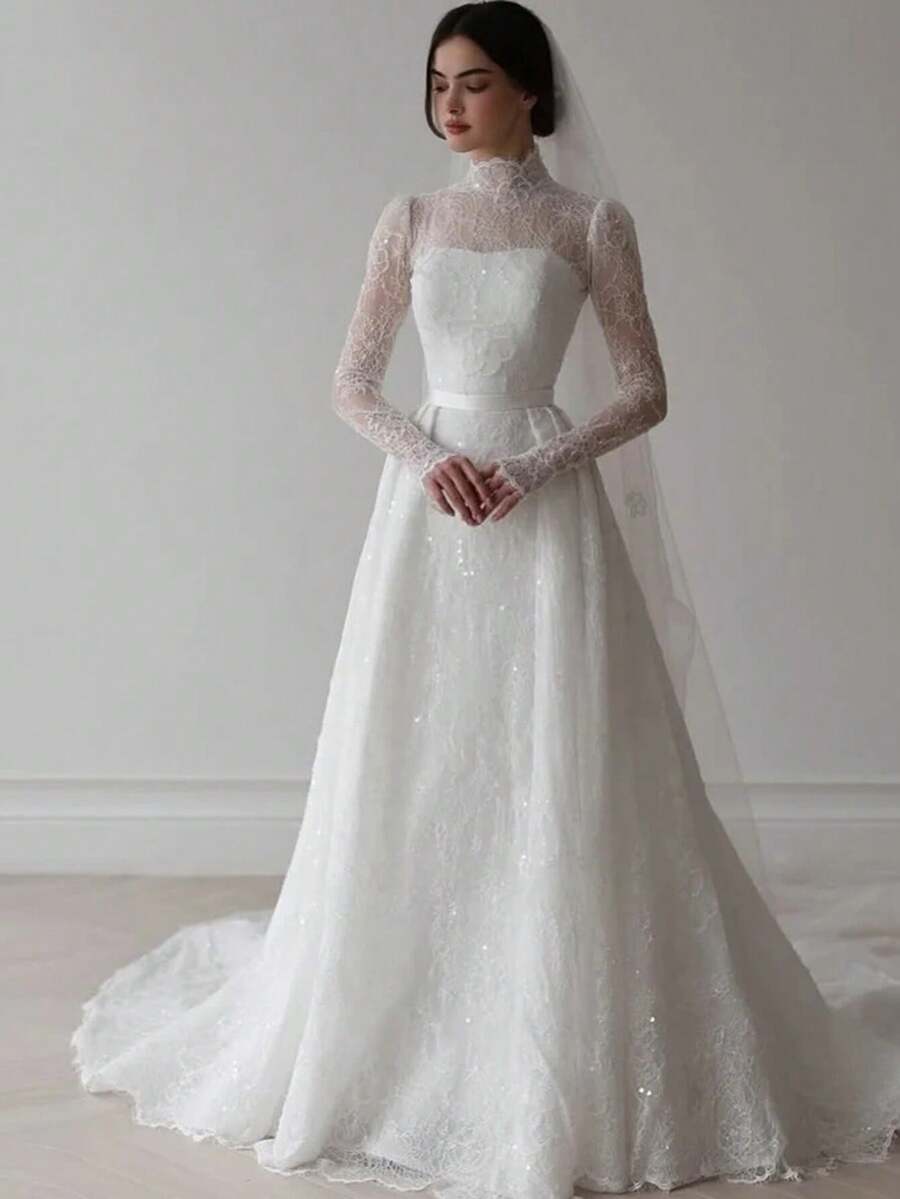 Vintage High Neck Lace Wedding Dress With Long Sleeves & Train For Women, Modest Sheer Tulle Bridal Gown With Satin Waist Belt, Ideal For Church Wedding, Winter Wedding, Formal Ceremonies, Intricate Lace Patterns, Sparkling Tulle Fabric, High Neckline For Modesty, Timeless Classic Bridal Style, Comfortable Fit For All-Day Wear, Perfect For Brides Seeking Modest Elegance - 白色 - 查看 1