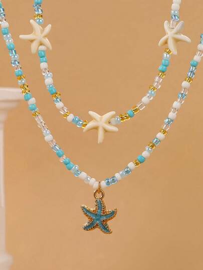 2件套女孩海星串珠项链套装，适合日常佩戴和海滩度假装扮