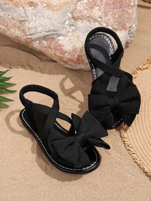 1 Pair Girls' Flat Sandals, Solid Soft Fabric With Bow Decor, Round Toe Slip-On Soft Non-Slip Elastic Design, Fashionable Bohemian Cute Princess Style Beach Sandals, Suitable For Daily Casual, Campus, Holiday Wear, Spring/Summer New Arrival - Black - View 6