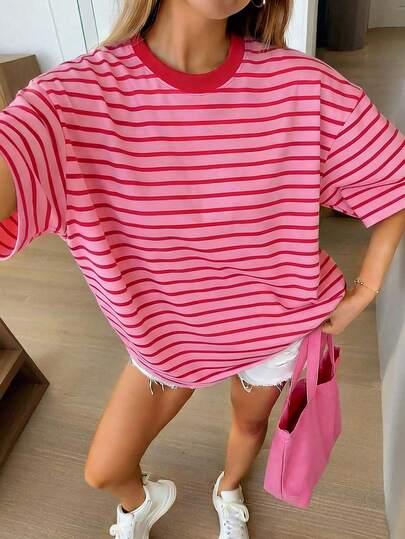 Pink Striped Contrast Color T-Shirt, Y2K Cute Summer For Women, Casual Tee For Women, Valentine's Day For Women, Women's Casual Oversized Loose Fit Round Neck Short Sleeve T-Shirt