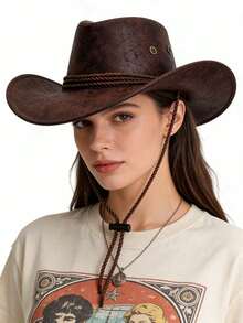 1 chiếc mũ cao bồi miền Tây cổ điển, kiểu dáng cũ kỹ, mũ da rộng vành che nắng unisex, thích hợp cho lễ hội âm nhạc, chụp ảnh, chống gió. - Nhiều màu - Xem 4