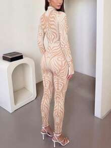 DOUCIU Sexy Bodycon Round Neck Long Sleeve Contrast Color Jumpsuit For Women White - White - View 2