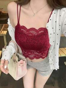 Rikumo New Spring/Summer Back-To-School Cute & Sexy Pure Lace Camisole With Padded Bra, Solid Color Women's Underwear Top Casual Red - Red - View 2