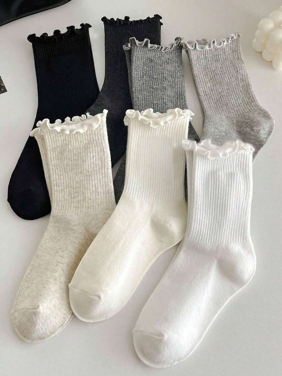 1 Pair/6 Pairs Women's Multicolor Ruffle Trim Mid-Calf Socks, Warm And Cute Lace Socks For Autumn/Winter - Multicolor - View 1