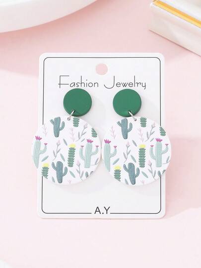 1 Pair Summer Beach Vacation Cactus Print Enamel Faux Soft Pottery Design Fashion Jewelry Earrings, Gift For Holiday Party