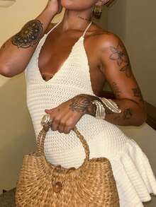 Women's Hollow Out Sleeveless Tie Waist Knit Mini Dress With Ruffled Hem, Suitable For Spring/Summer Beach, Vacation, Casual Daily Wear - White - View 6