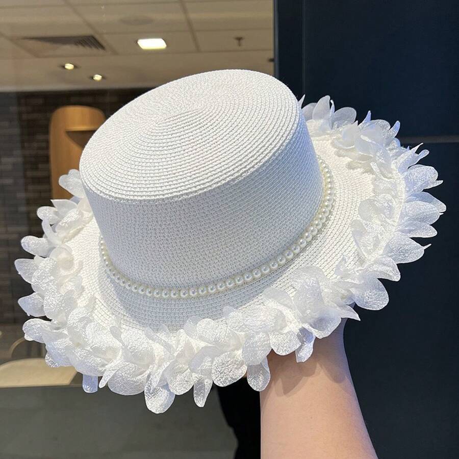 Sweet-Style Pearl Lace Straw Hat For Women, New Spring/Summer Wide-Brimmed Outdoor Sun Protection Hat, White Fedora Suitable For Use On The Beach And In Outdoor Activities. - 卡其 - 查看 1