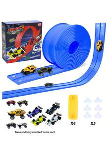 儿童双轨赛车玩具套装，PVC软橡胶轨道可自由弯曲连接，配有2/4辆迷你赛车，无需电池，重力驱动，灵活的赛车轨道玩具，DIY双轨赛车轨道，儿童游戏礼物 - 彩色 - 查看 14