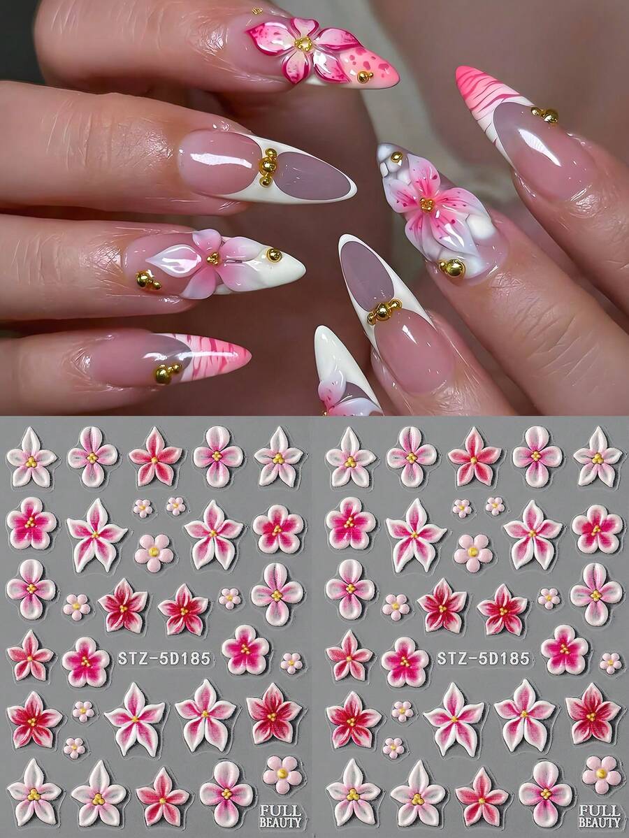 2片粉色果冻绽放花朵美甲贴纸,5D立体渐变芙蓉花迷你花瓣金色珠子法式美甲春夏婚礼美甲DIY装饰 - 彩色 - 查看 1