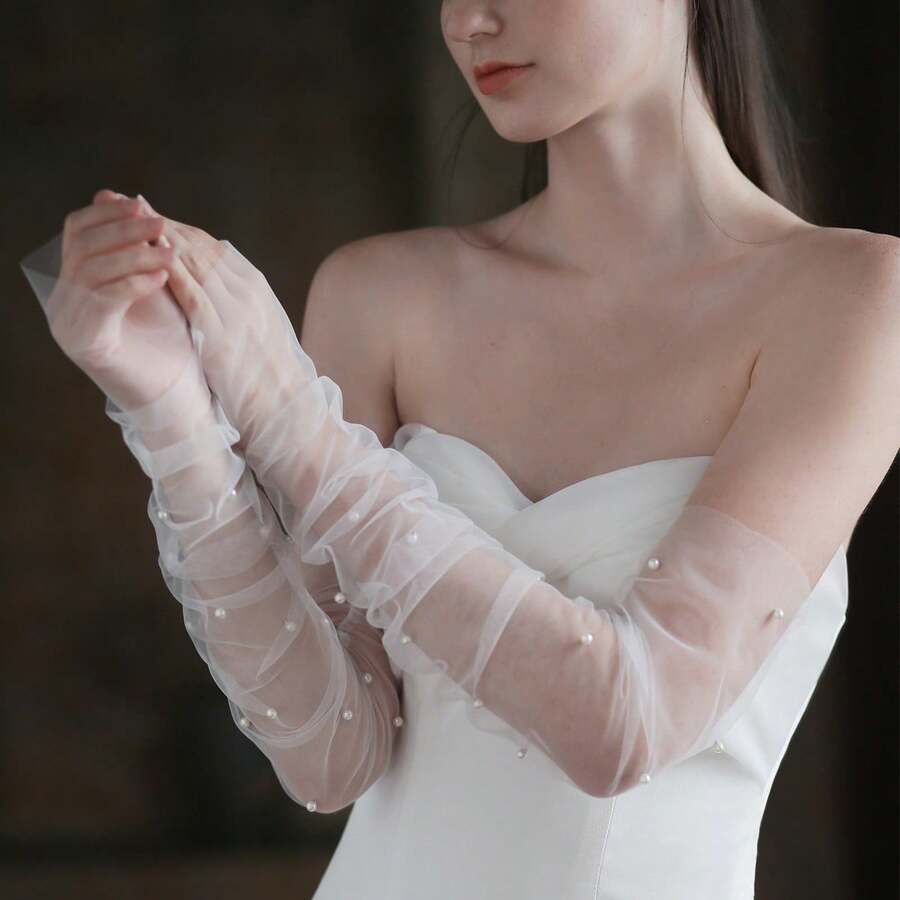1 Pair Long White Bridal Gloves (Arm Cover) - Pearl Decor Wedding Accessory - Long Fingerless Gloves - View 1