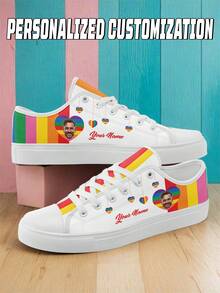 Men's Custom LGBTQ Pride Month Low Top Sneakers, Personalized Photo & Name Rainbow Striped, Plus Size Lace-Up Shoes For Couples Pride Parade Gifts - Black - View 2
