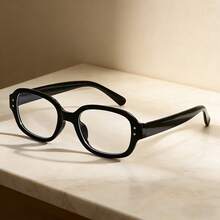 1 pieza Gafas negras de marco grueso vintage, diseño unisex que favorece el rostro, marco cuadrado redondeado, cómodo de llevar para uso diario, oficina y transmisión en vivo, el detalle de remache agrega un toque retro elegante, accesorio de moda versátil - Negro - Ver 4
