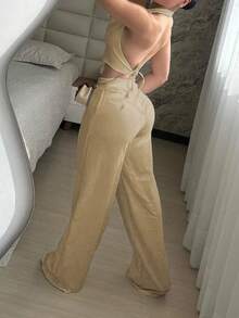 Women's Single-Breasted Halter Neck Tank Top And Wide Leg Casual Pants Set Summer - Khaki - View 3