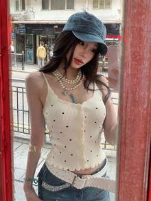 Korean Style Summer Retro Polka Dot Frill Trim Camisole Top, Sexy Slim Fit Ribbed Knit Crop Top, Sweet & Sexy Layering Piece, INS Soft White Ribbed Texture Single-Breasted Top With Buttons That Can Be Unbuttoned - Apricot - View 2