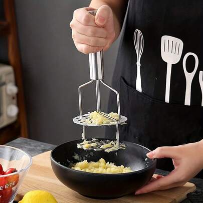Prensador y machacador de patatas 2 en 1 de acero inoxidable, machacador de alambre con prensador de puré incorporado, herramienta de machacado para aguacate, frijoles, frutas, verduras y disco para patatas extra cremosas