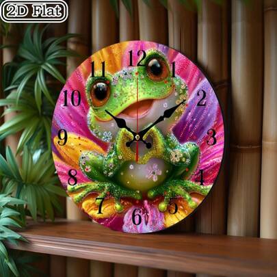 2D Flat Cute Frog Sitting On A Flower Design 10inch Wooden Round Wall Clock, Artistic Silent Wall Clock With No Ticking Sound, Battery Operated (Batteries Not Included),Teacher Gift,Graduation Gifts,Mother Gifts,Classroom,Room Decore,Home Essentials,Adornos Para Cuarto