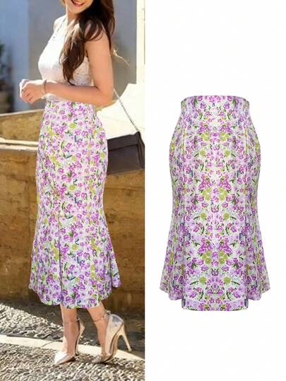 Plus Size Elegant Ditsy Floral Ruffle Hem A-Line High Waist Mini Skirt, Polyester, Suitable For Spring And Summer