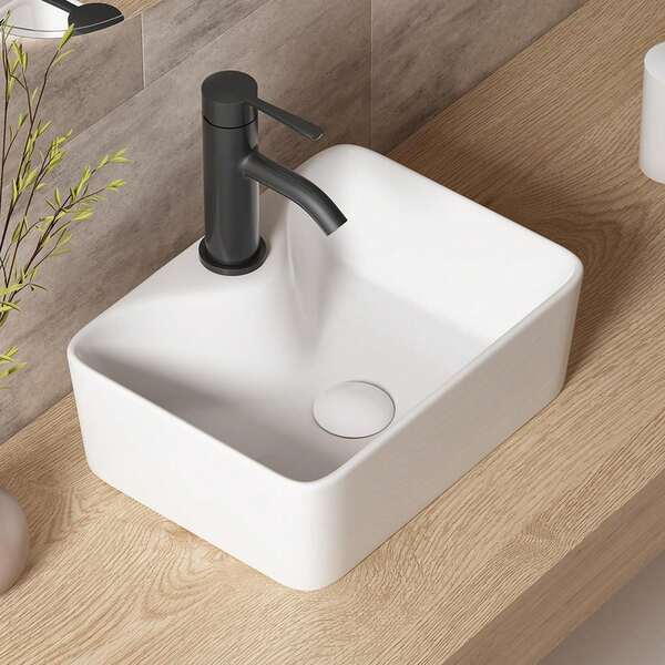 Lavabo de cerámica de porcelana blanca sobre el mostrador - Lavabo rectangular de 16x12 pulgadas con orificio para grifería para baños pequeños