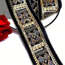 183厘米/2码金线刺绣花卉蕾丝，彩色珠饰边，DIY装饰材料，黑金奢华宫廷风 - 黑色金線蕾絲 - 查看 8