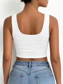 Women's Cotton Ribbed U-Neck Crop Tank Top Slim Fit Sleeveless Basic Cami,Local Delivery,Local Delivery - 白色 - 查看 4